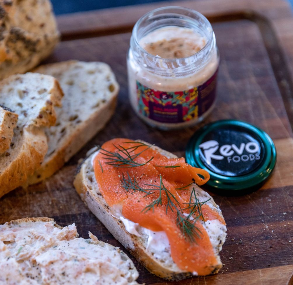 Slice of bread with 3D-printed vegetable substitute smoked salmon