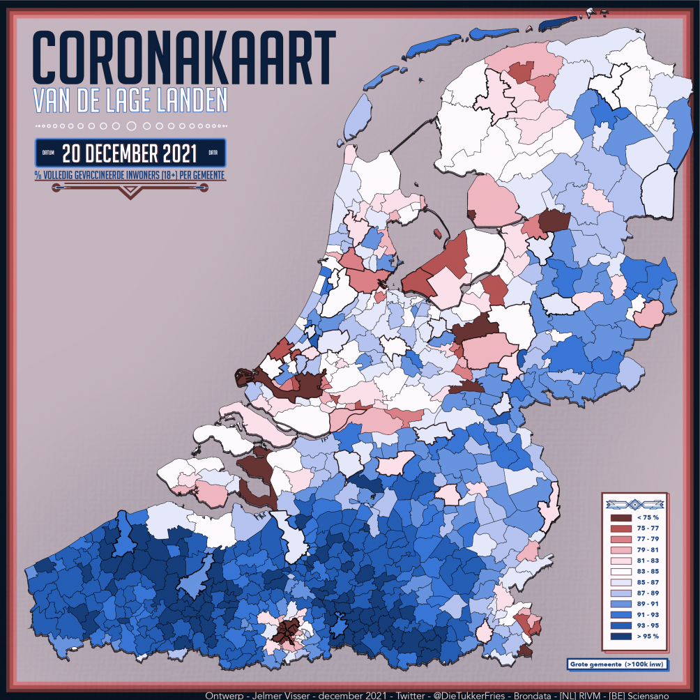 Aantal volledig gevaccineerden in Nederland en België op gemeenteniveau
