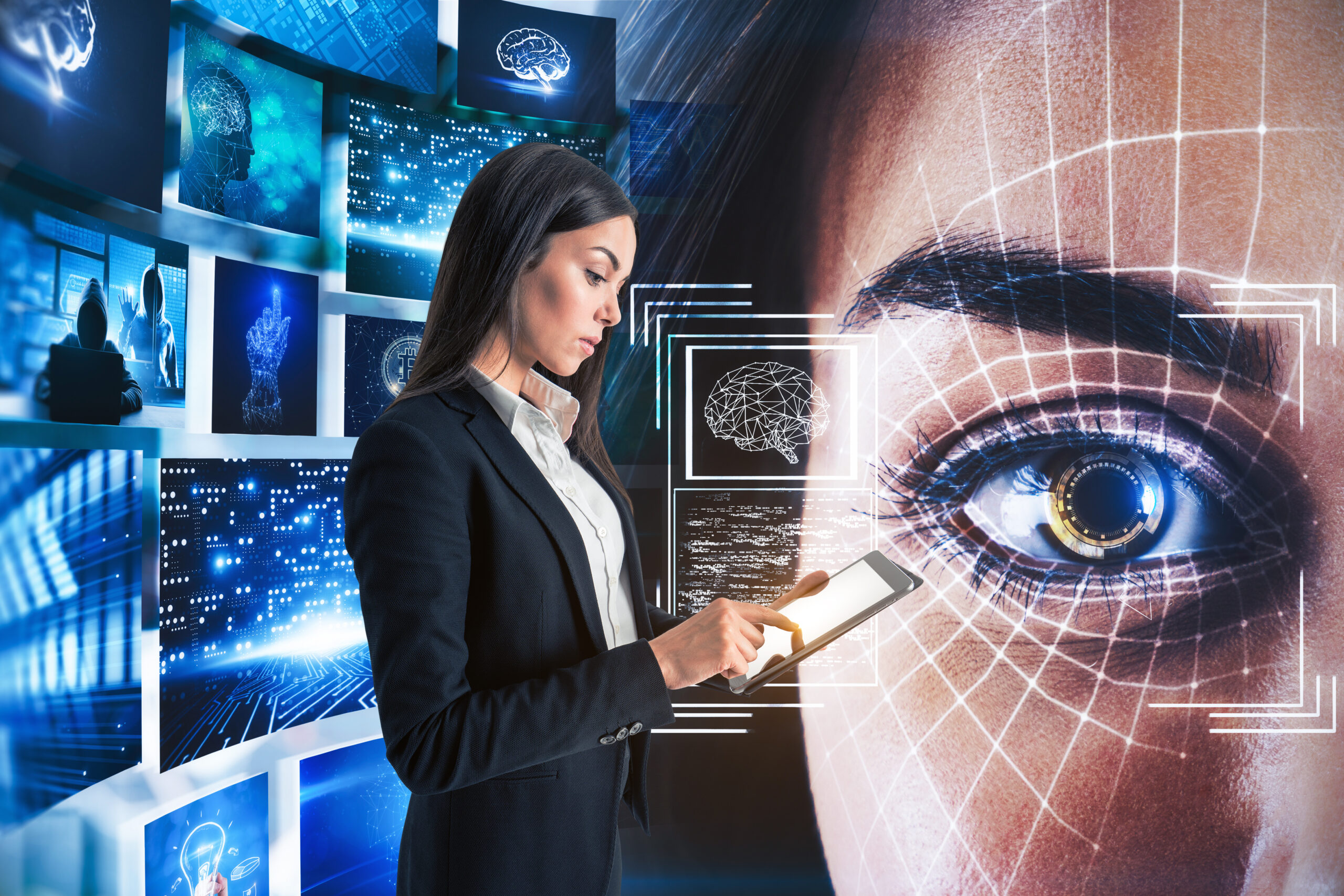 Attractive european businesswoman using tablet with abstract eye face recognition system on blue background. Access and data concept. Multiexposure