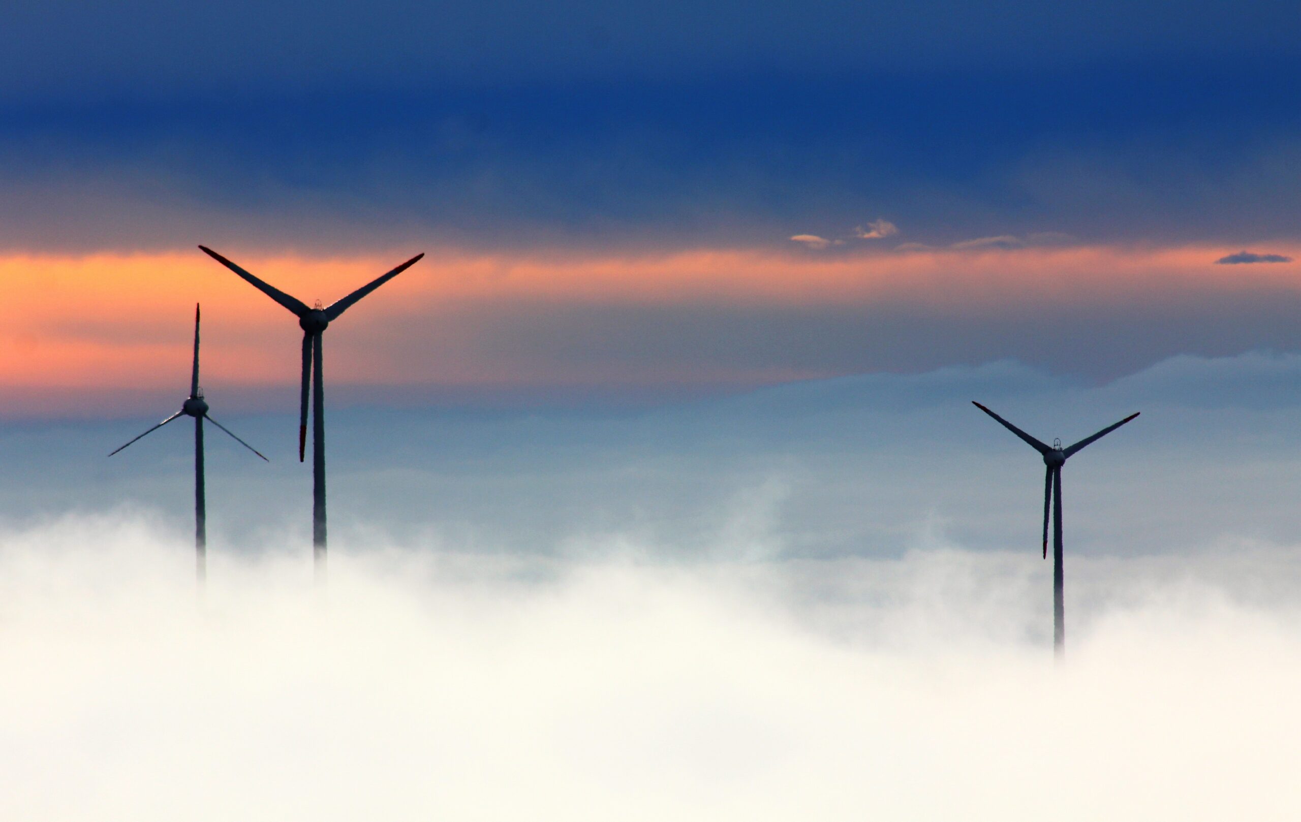 Wind turbines rising out of fog with horizon in background