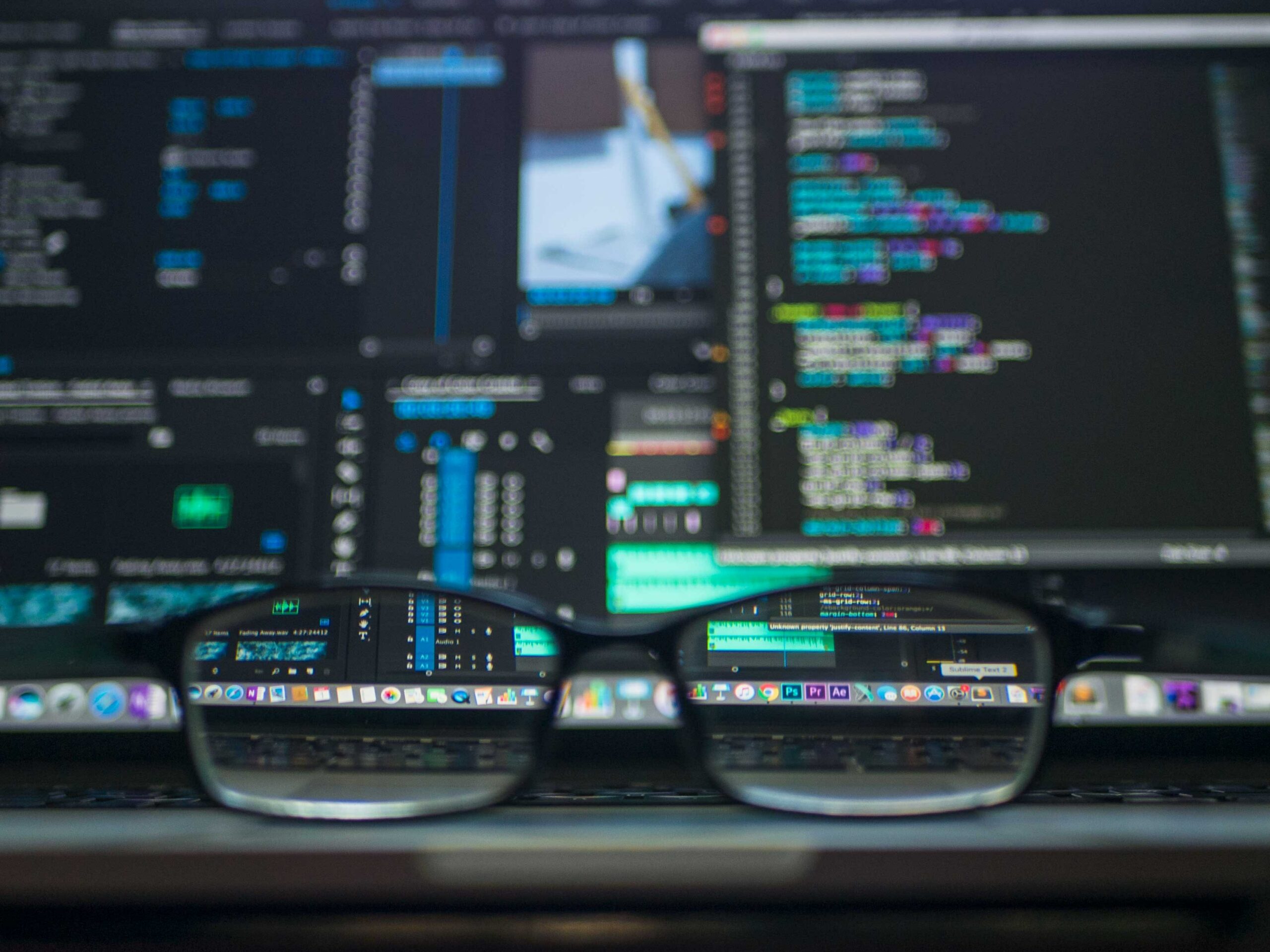 Pair of glasses on desk in front of digital screens showing data