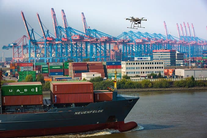 HHLA Sky industrial Multicopter drone/ UAS in flight at Hamburg Harbor/ Germany. Photo: Thorsten Indra