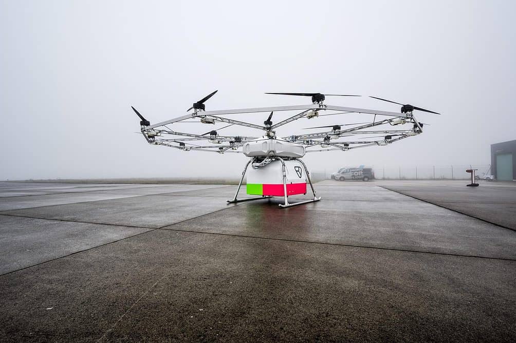 A Volocopter cargo drone on the landing pad