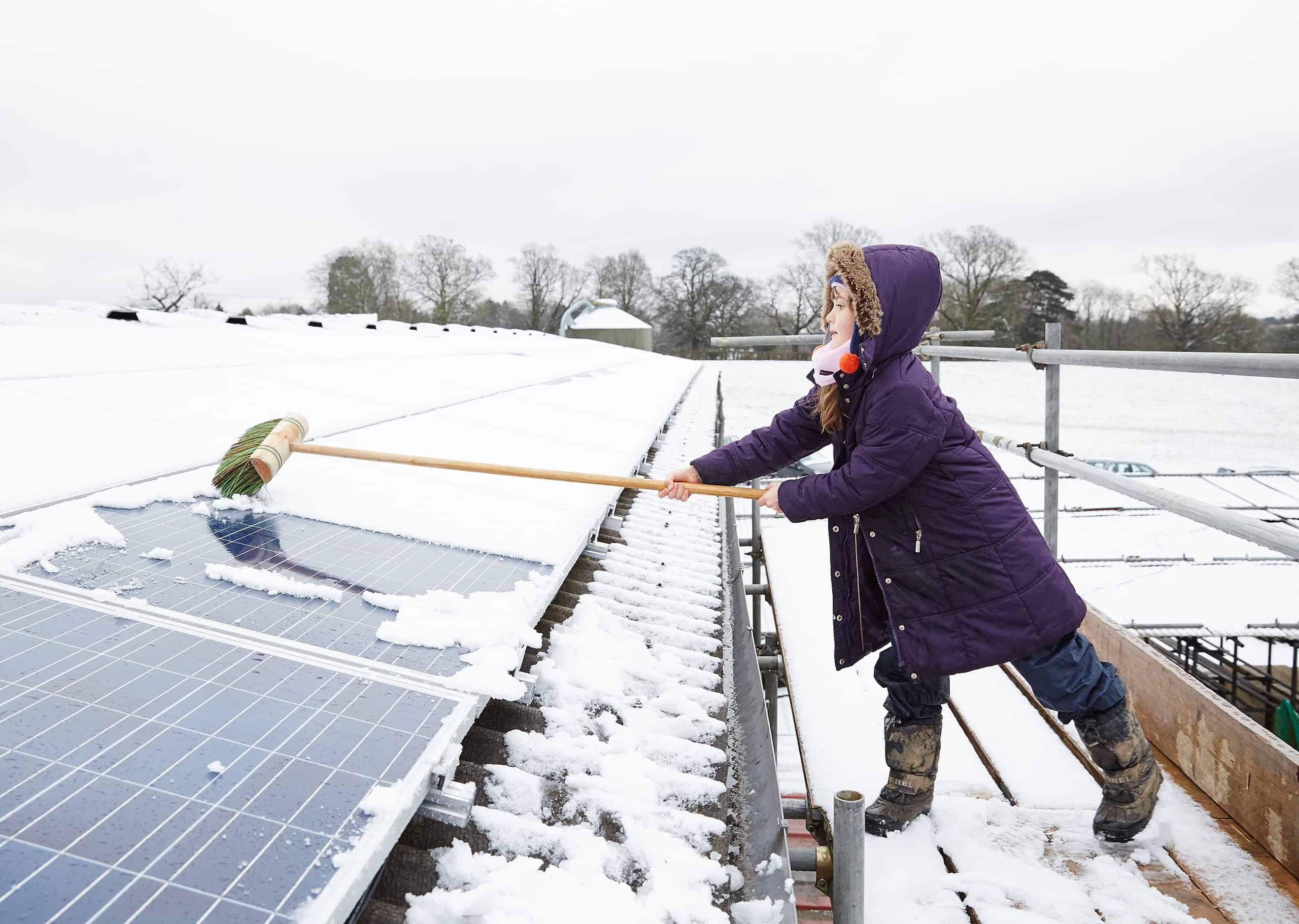 Young girl cleaning photovoltaic solar panels from snow (image: 1010 Climate Action via Wikimedia Commons)