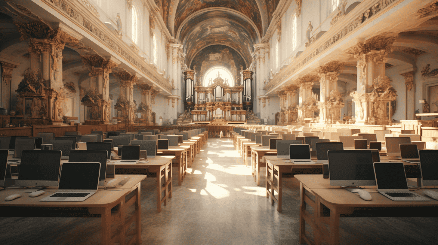 AI-generated image of a church filled with god-fearing AI-machines.