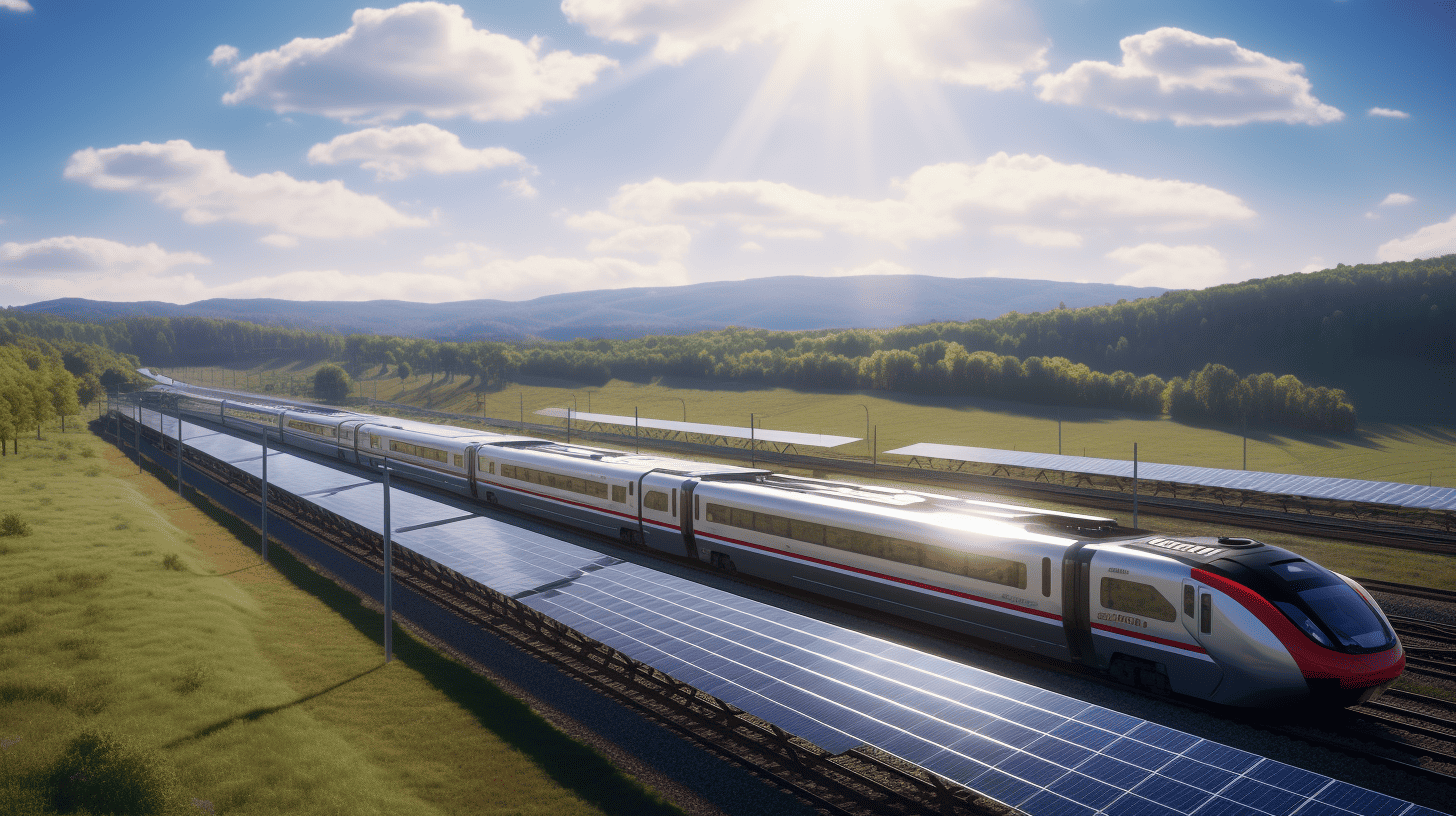 AI-generated image of a French TGV train in the midst of a field of solar panels