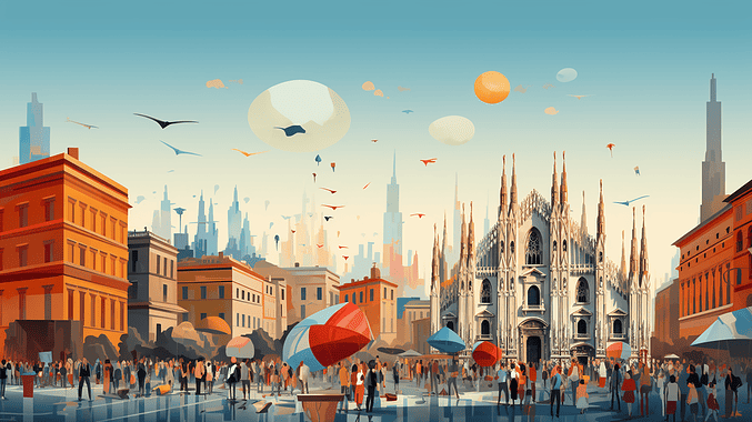an abstract illustration of Milan, with the Duomo di Milano in the foreground, blue skies, no clouds, in the style of saturated palette, sun-soaked colours, romanesque art, post-war french design, split toning, detailed crowd scenes, en plein air, cubist --seed 389361682 --ar 16:9