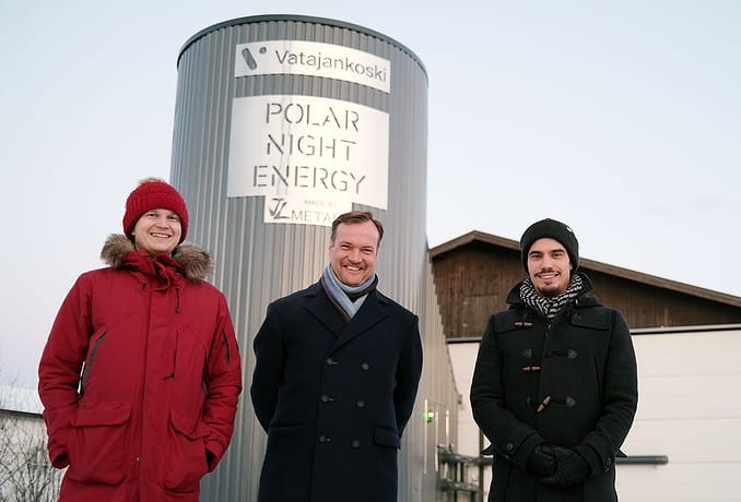 Vatajankoski's Managing Director Pekka Passi (in the middle) accompanied by Polar Night Energy’s Founders Tommi Eronen (left) and Markku Ylönen (right).