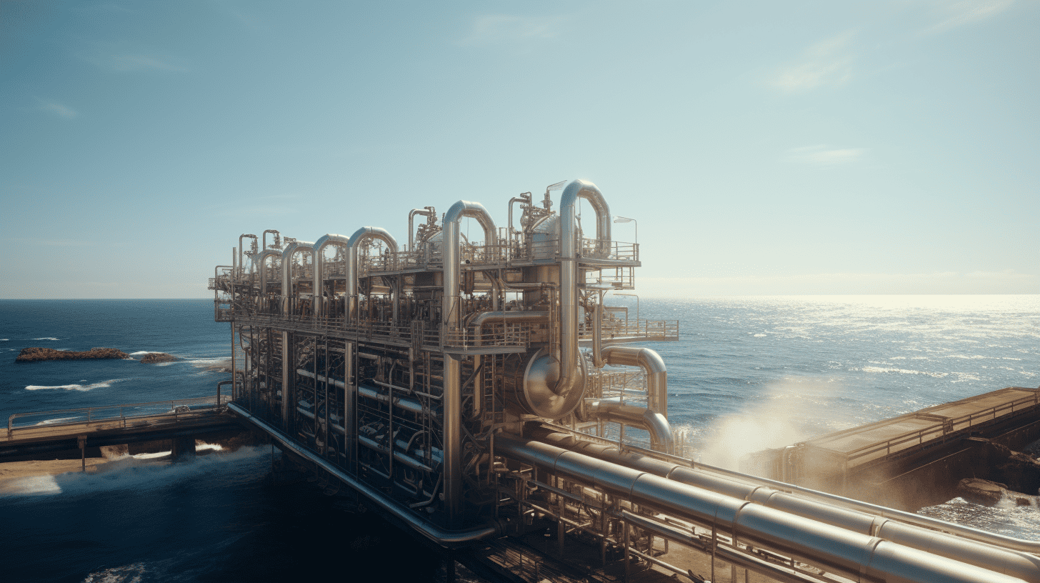 Energy-consuming desalination machine near the ocean, AI-generated image.