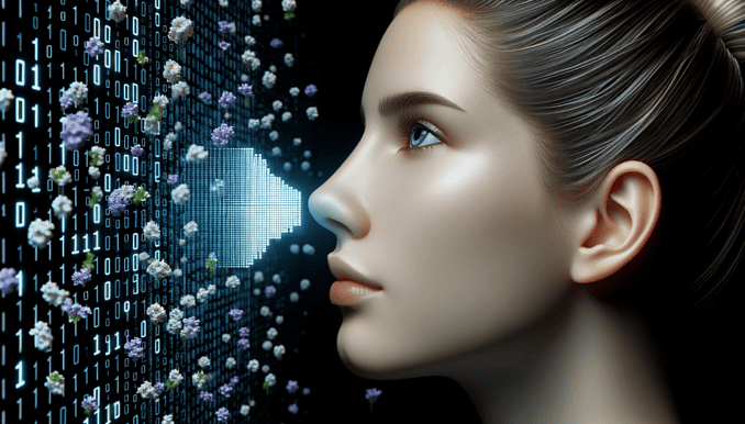 Digital render of the young woman's face with a binary nose, as she inhales a digital scent represented by pixelated aroma symbols, suggesting the concept of digital olfaction. AI-generated image.