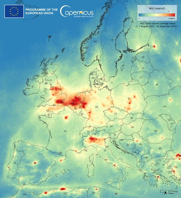 Sentinel-5P observa la concentración de dióxido de nitrógeno en Europa