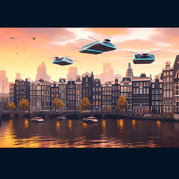 Adembenemend uitzicht op de karakteristieke panden van Amsterdam, vanuit je luchttaxi