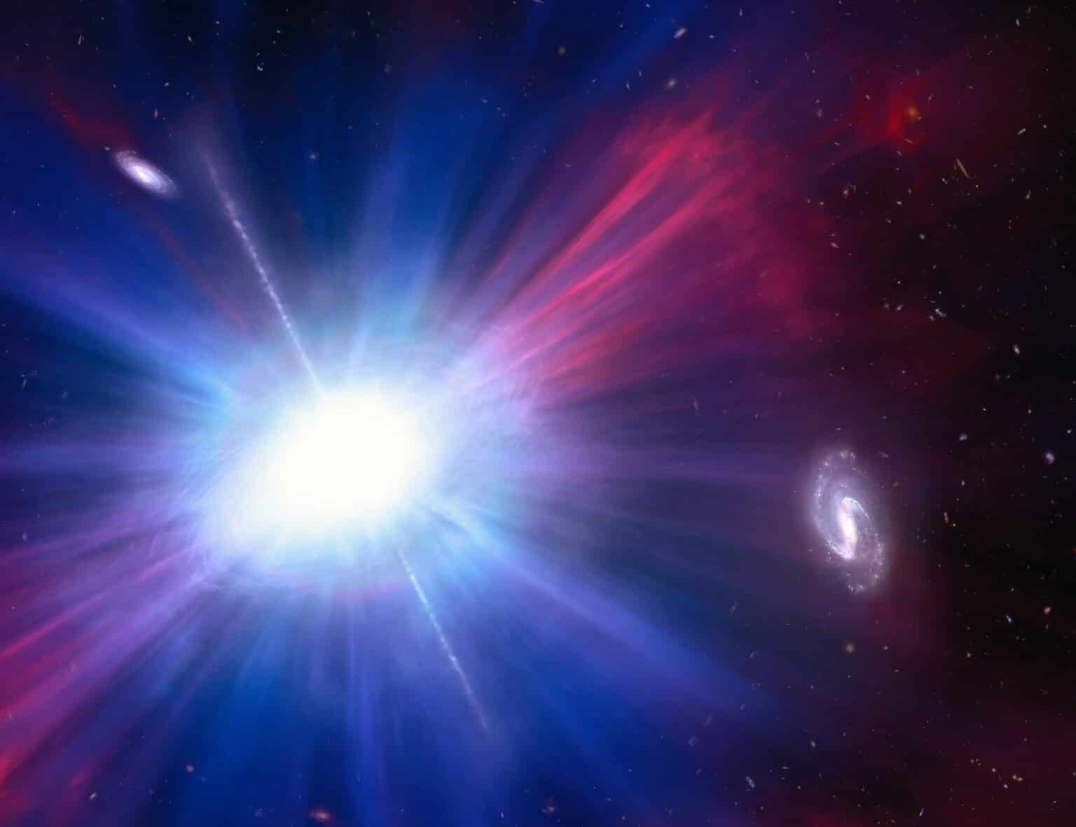 Artistieke weergave van de Vink (AT2023fhn). Bijzonder aan deze blauwe flits is dat hij zich niet in een sterrenstelsel, maar tussen twee sterrenstelsels bevindt. Links een satellietstelsel op ongeveer 15.000 lichtjaar van de Vink. Rechts een spiraalstelsel op ongeveer 50.000 lichtjaar. (c) NOIRLab/NSF/AURA/M. Garlick/M. Zamani