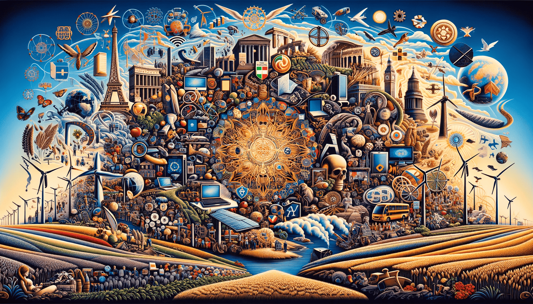 an image, produced by DALL-E, that visually encapsulates the diverse contributions of the 27 European Union countries, interwoven with elements of technology, agriculture, culture, and environmental sustainability. This tapestry-like representation includes iconic landmarks and national symbols from each country, arranged harmoniously to convey a sense of unity, diversity, and progress.