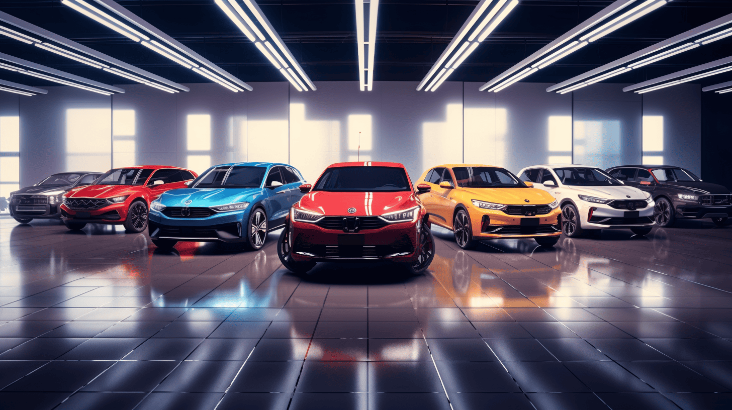 Best sold electric cars in Germany in 2023, all together in a showroom, AI-generated image.