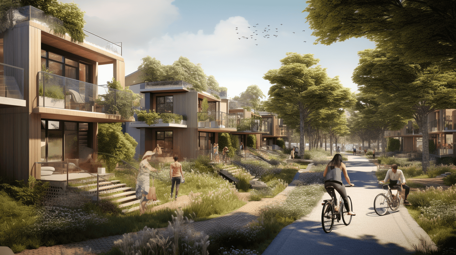 A neighborhood built with biobased materials. With flexible houses and infrastructure. There's lots of space for biking and walking