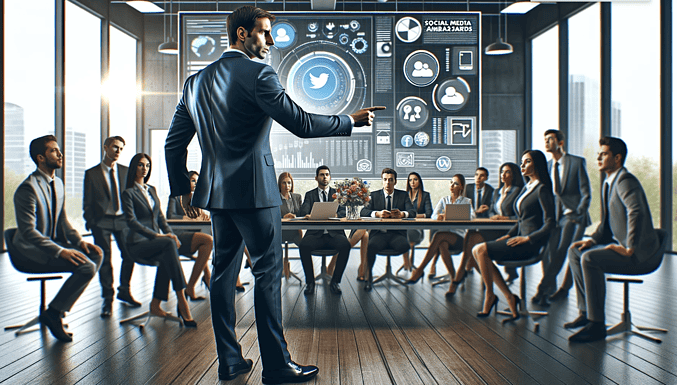 image depicting a marketer in a company urging other employees to become social media ambassadors.