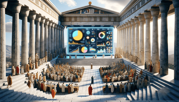 a classical Greek democratic gathering of people in the outside agora, discussing the hot topics of today. At the end of the meeting hall, there's a 21st-centry big screen with all sorts of data, social media referrals and infographics with pie charts. 4k --ar 16:9