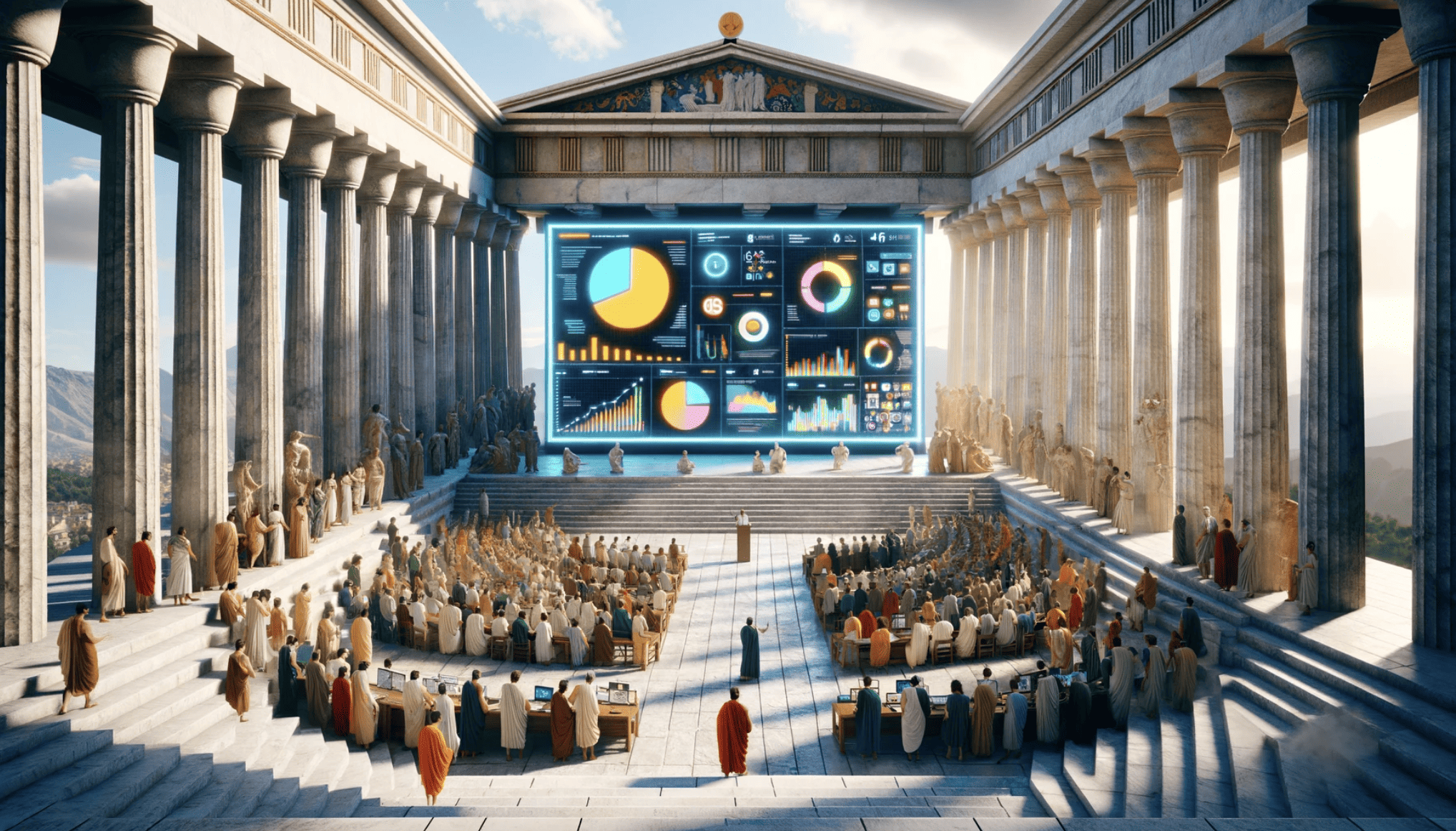 a classical Greek democratic gathering of people in the outside agora, discussing the hot topics of today. At the end of the meeting hall, there's a 21st-centry big screen with all sorts of data, social media referrals and infographics with pie charts. 4k --ar 16:9