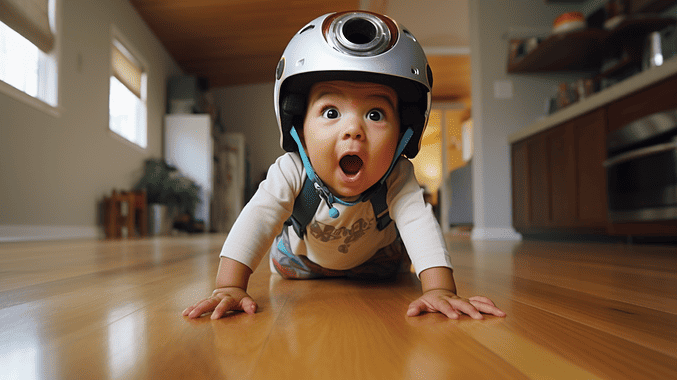 a toddler with a helmet camera, AI-generated image