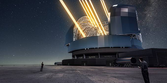 This artist’s rendering shows a night view of the Extremely Large Telescope in operation on Cerro Armazones in northern Chile. The telescope is shown using lasers to create artificial stars high in the atmosphere. The first stone ceremony for the telescope was attended by the President of Chile, Michelle Bachelet Jeria, on 26 May 2017.