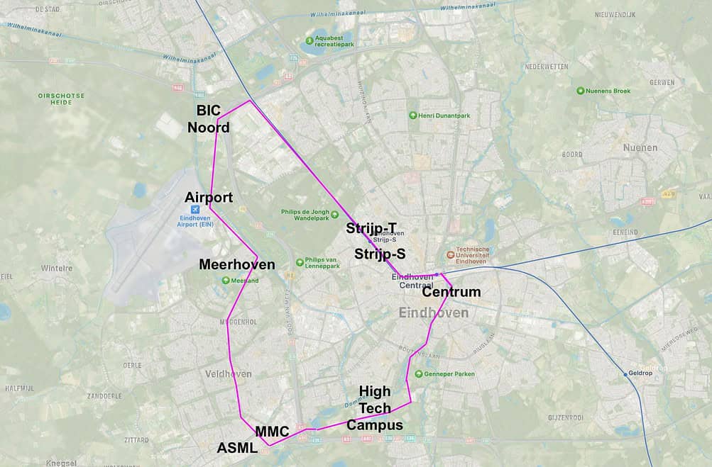 Mogelijk traject voor een Metro- of S-Bahn-achtige spoorverbinding in Eindhoven