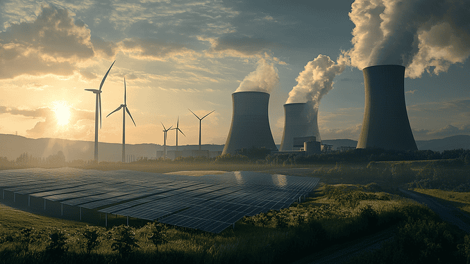 Nuclear, coal, solar and wind energy, AI-generated image