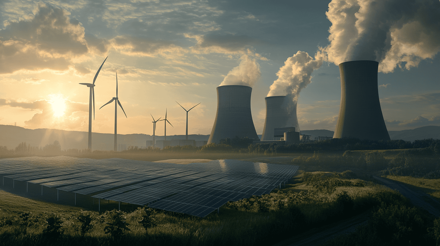 Nuclear, coal, solar and wind energy, AI-generated image