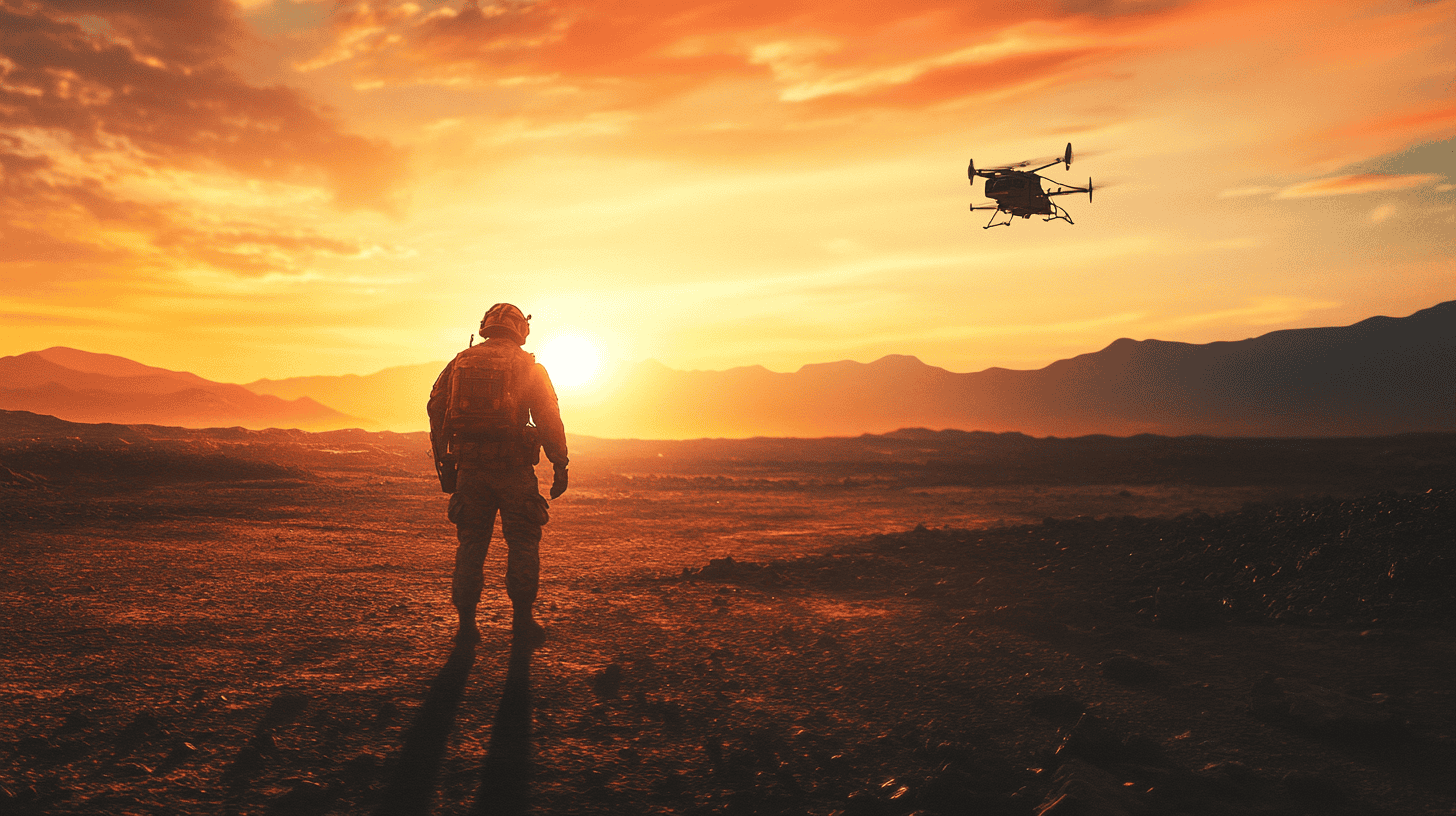 Drones on a battlefield, AI-generated image